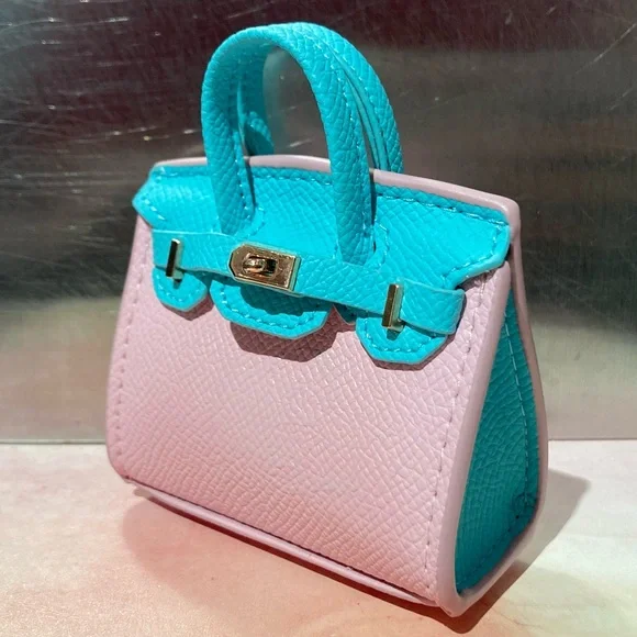 👜 Handmade Mini Blue Pink Faux Leather Birkin AirPods Tote Bag Charm Miniature - Picture 3 of 10